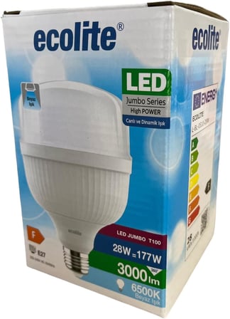 Ecolite 28W Jumbo LED Ampul (177W Eşdeğer) | 6500K Beyaz Işık | 3000 Lümen | E27 Duylu | Enerji Tasarruflu ve Uzun Ömürlü
