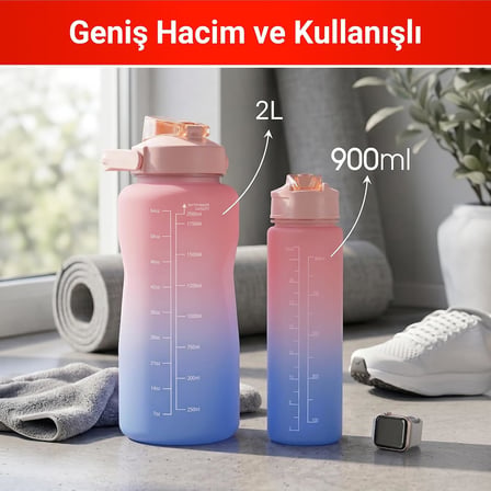 Motivasyonel 2'li Su Matarası Seti, 2 Litre ve 900 ml Tritan Suluk, BPA İçermez, Zaman Çizelgeli Spor ve Günlük Kullanım Su Şişesi
