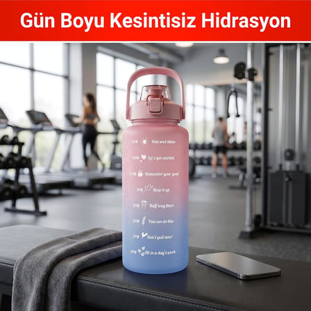 Motivasyonel 2'li Su Matarası Seti, 2 Litre ve 900 ml Tritan Suluk, BPA İçermez, Zaman Çizelgeli Spor ve Günlük Kullanım Su Şişesi