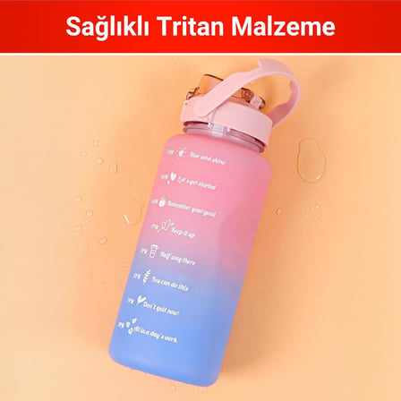 Motivasyonel 2'li Su Matarası Seti, 2 Litre ve 900 ml Tritan Suluk, BPA İçermez, Zaman Çizelgeli Spor ve Günlük Kullanım Su Şişesi