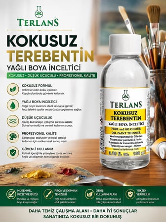 TERLANS Kokusuz Terebentin 100 ml | Yağlı Boya İnceltici | Kokusuz, Düşük Uçuculu Profesyonel Resim Malzemesi ve Atölye Kullanımı için