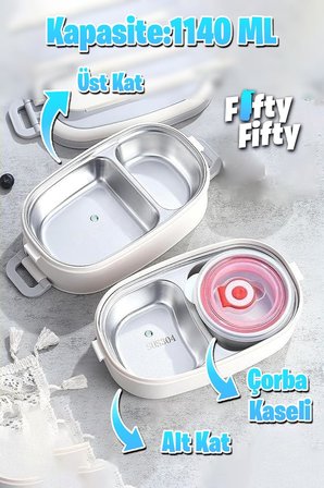 1140 ML 2 Kat Paslanmaz Çelik Çorba Kaseli Bento Lunch Box Yeni Nesil Sefer Tası -FFLBOX10403