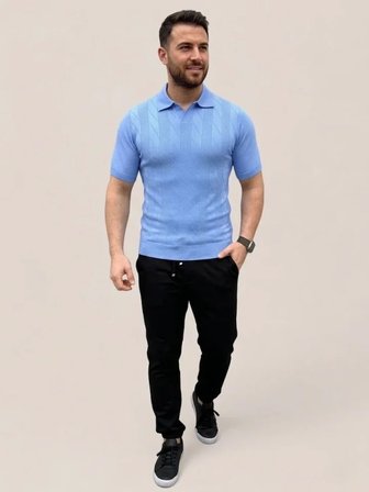 Erkek Yazlık Triko Dokuma Tişört Kısa Kol Polo Yaka T-Shirt - Bebek Mavisi