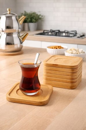 6 Lı Bambu Kare Çay Tabağı/Çay Bardağı Tabağı 10 cm