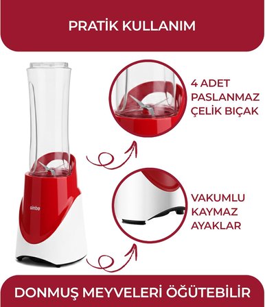 SHB-7508 Kırmızı Shake Take One | 300W Taşınabilir Smoothie Blender | 570 ml Spor Şişe - Çelik Bıçaklı Karıştırıcı