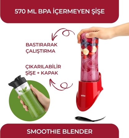 SHB-7508 Kırmızı Shake Take One | 300W Taşınabilir Smoothie Blender | 570 ml Spor Şişe - Çelik Bıçaklı Karıştırıcı