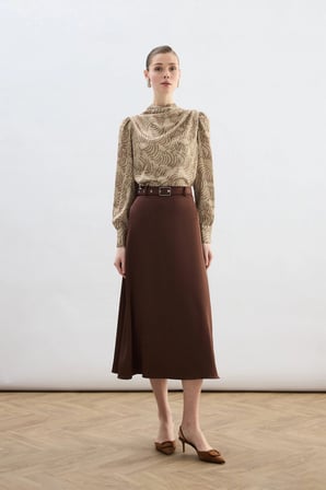 Drape Detaylı Desenli Bluz Vizon
