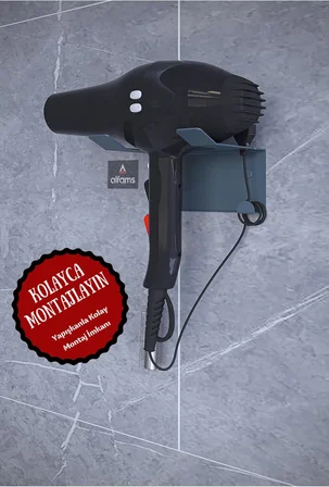 Antrasit Saç Kurutma Makinesi Tutacağı, Banyo Lavabo Fön Makinesi Askısı Ultra Güçlü Yapışkanlı
