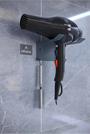 Antrasit Saç Kurutma Makinesi Tutacağı, Banyo Lavabo Fön Makinesi Askısı Ultra Güçlü Yapışkanlı