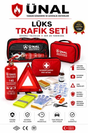 Lüks Trafik Seti 1 kg Yangın Söndürücü + İlk Yardım Çantası TÜVTÜRK Uyumlu Araç Acil Durum