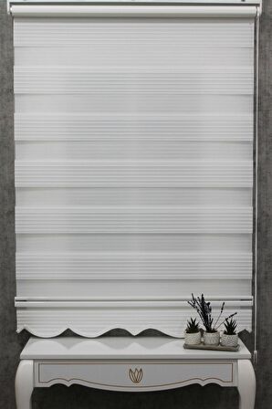 Ekru Geniş Plise Etek Dilimli Zebra Stor Güneşlik Perde