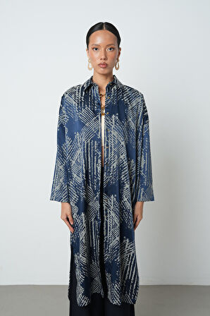 Kadın Lacivert Renk Desenli Uzun Tunik Tesettür Gömlek - Elbise