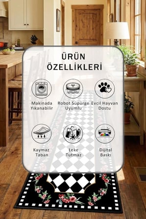 Mimoza Bordo Siyah Mutfak Tezgah Önü Yıkanabilir Dijital Baskılı Halı