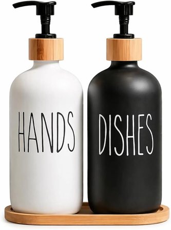 2’li Hands Dishes Siyah Beyaz Cam Sıvı Sabunluk Seti 500 ml, Bambu Standlı Dekoratif Mutfak &amp; Banyo Sabunluk Dispenser Seti Şık Modern Tasarım