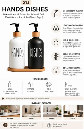2’li Hands Dishes Siyah Beyaz Cam Sıvı Sabunluk Seti 500 ml, Bambu Standlı Dekoratif Mutfak &amp; Banyo Sabunluk Dispenser Seti Şık Modern Tasarım