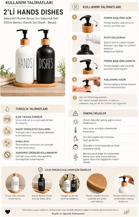 2’li Hands Dishes Siyah Beyaz Cam Sıvı Sabunluk Seti 500 ml, Bambu Standlı Dekoratif Mutfak &amp; Banyo Sabunluk Dispenser Seti Şık Modern Tasarım