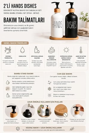 2’li Hands Dishes Siyah Beyaz Cam Sıvı Sabunluk Seti 500 ml, Bambu Standlı Dekoratif Mutfak &amp; Banyo Sabunluk Dispenser Seti Şık Modern Tasarım
