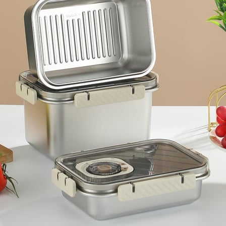MallArt® Paslanmaz Çelik Saklama Kabı, Tarih İndikatörlü Sızdırmaz Bento Yemek Kabı, Kilitli Kapaklı Ev Akıllı Gıda Koruyucu Sefer Tası (1.6LT Dikdörtgen)