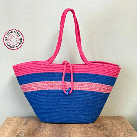 Uretti - Nuran 9092 El Yapımı Tress İp Plaj Çanta 27cm - Lacivert