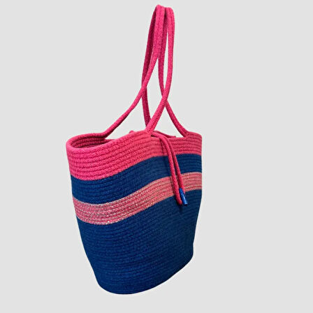 Uretti - Nuran 9092 El Yapımı Tress İp Plaj Çanta 27cm - Lacivert