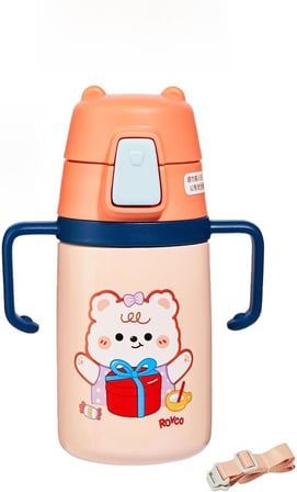 400 ML 316L Paslanmaz Çelik Pipetli Çocuk Termosu Taşıma Kulplu Askılı Çift Duvar -FFR400ML4011 Turuncu