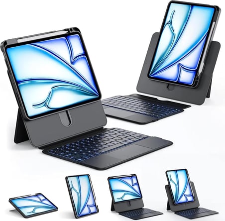 iPad 11-inch (A16, 2025) and iPad 10th Gen 10.9-inch Uyumlu 360 Dönebilen Keyboard Touchpad Işıklı Türkçe Q Klavyeli 7-Color Backlight Kılıf (Beyaz)