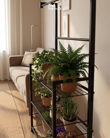 Tekerlekli Metal Saksı Standı ve Bitki Askılığı - 3 Raflı Portatif Çiçek Rafı Siyah