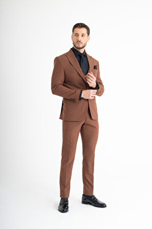 Slim Fit Yelekli Takım Elbise - Kahverengi 46