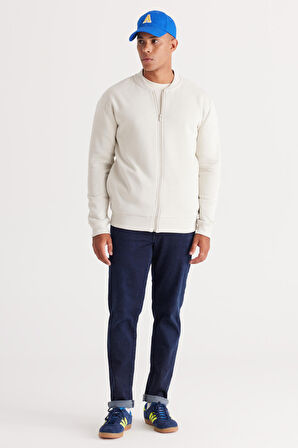 Erkek Bej Standart Fit Normal Kesim Içi Polarlı 3 Iplik Kolej Yaka Pamuklu Sweatshirt Ceket