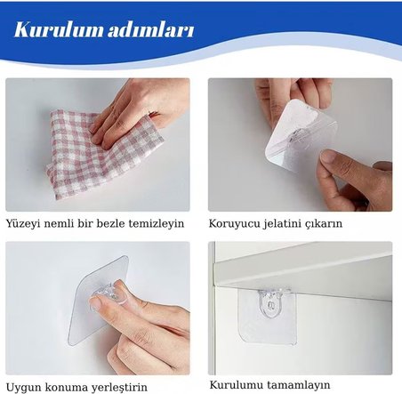 12 Adet Şeffaf Kendinden Yapışkanlı Raf Tutucu Askı – Delme Gerektirmez