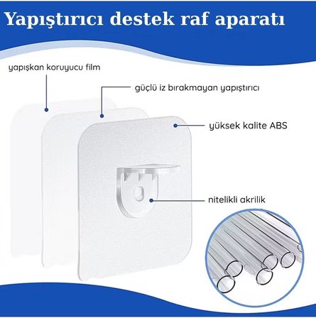 12 Adet Şeffaf Kendinden Yapışkanlı Raf Tutucu Askı – Delme Gerektirmez