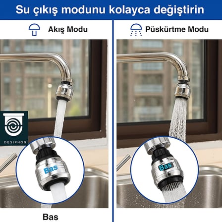 2 Fonksiyonlu Musluk Başlığı, 360° Dönebilir, Akış ve Püskürtme Modlu, Su Tasarruflu Krom Aparat