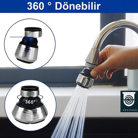 2 Fonksiyonlu Musluk Başlığı, 360° Dönebilir, Akış ve Püskürtme Modlu, Su Tasarruflu Krom Aparat