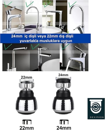 2 Fonksiyonlu Musluk Başlığı, 360° Dönebilir, Akış ve Püskürtme Modlu, Su Tasarruflu Krom Aparat