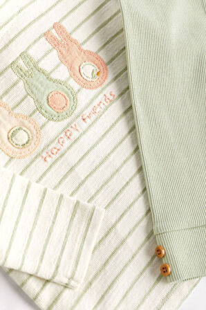 Next Baby Pamuklu Yeşil Tavşan Desenli Uzun Kollu Alt Üst Takım