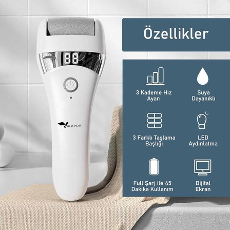 Şarjlı Elektrikli Topuk Törpüsü Ayak Bakım Cihazı 3 Başlıklı Suya Dayanıklı Dijital Ekranlı