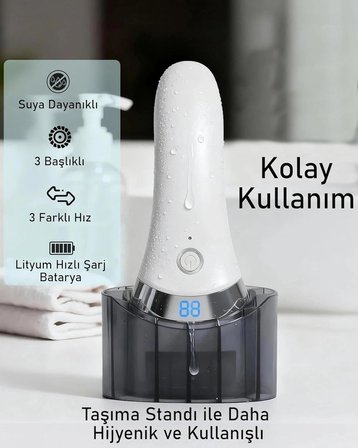 Şarjlı Elektrikli Topuk Törpüsü Ayak Bakım Cihazı 3 Başlıklı Suya Dayanıklı Dijital Ekranlı
