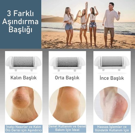 Şarjlı Elektrikli Topuk Törpüsü Ayak Bakım Cihazı 3 Başlıklı Suya Dayanıklı Dijital Ekranlı