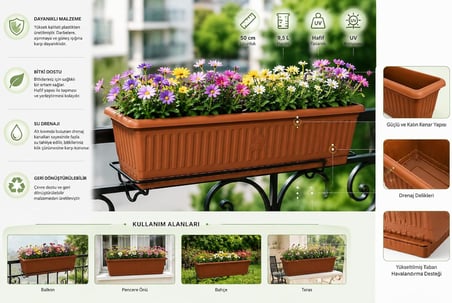 Kemer Balkon Saksısı, Dikdörtgen Plastik Saksı, Kahverengi, Geniş Hazneli, Çiçeklik (50 cm-9,5 L)