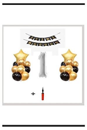 1 Yaş - Gümüş Silver Folyo Balon Parti Seti + Balon Pompası Hediye