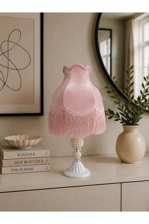 Kadife Kaplı Broş Dekorlu Pembe Vintage Abajur AB012245 Diğer