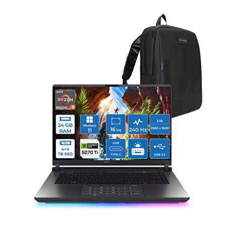 Asus Rog Strix G16 G614FR-S5111 Amd Ryzen 9 9955HX Aı 24GB GB 4tb Ssd+4tb SSD 12GB/RTX5070Tİ Gddr7 140W 16" 2.5k 2560X1600 Wqxga 240HZ 3ms 500NİTS WINDOWS11HOME Gaming Laptop WS5111H08+ZETTAÇANTA