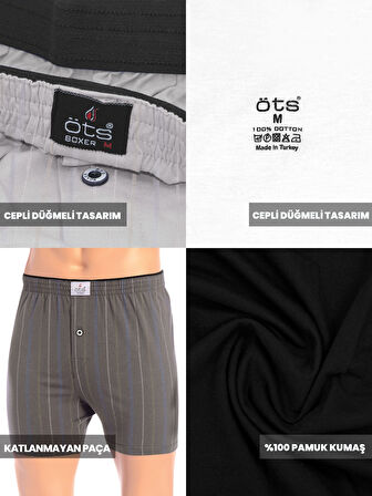 ÖTS Premium 5'li Çizgili Erkek Boxer - %100 Pamuk, Ultra Yumuşak Kumaş, Rahat Kalıp, Etiketsiz ve Ka