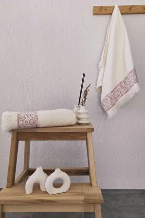 2'li Kabartma Bordürlü & Püsküllü Havlu Seti - %100 Pamuk El  Havlusu - 50X85 cm -Gül Rengi