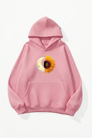 Unisex Yumuşak Dokulu Ay ve Papatya Baskılı Tasarım Oversize 3 İplik Hoodie Sweatshirt