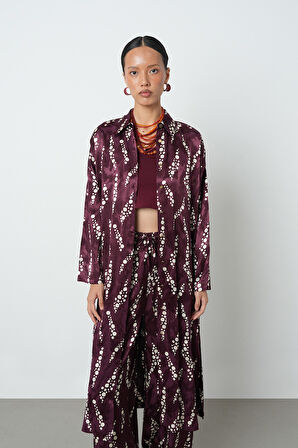 Kadın Bordo Renk Desenli Uzun Tunik Tesettür Gömlek - Elbise