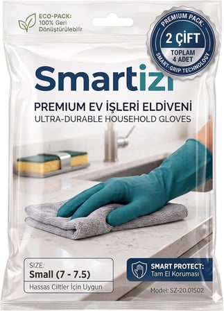 2 Çift Smartizi Bulaşık ve Temizlik Eldiveni (7-7.5 Numara) - Dayanıklı Doğal Kauçuk