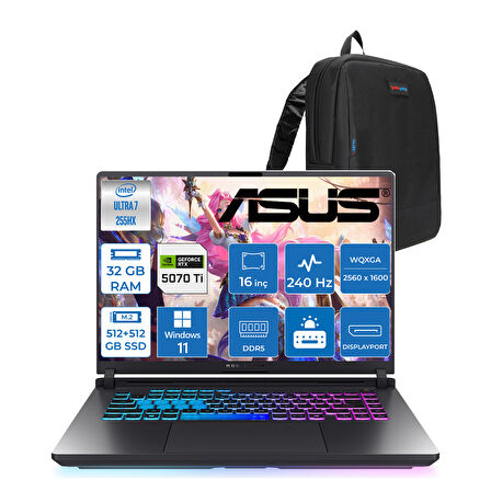 Asus Rog Strix G16 G615LR-S5214 Ultra 7 255HX Aı 32GB GB 512GB SSD+512GB 12GB/RTX5070Tİ Gddr7 140W 16" 2.5k 2560 x 1600 Wqxga 240Hz 3ms 500NITS  WIN11HOME Gaming Laptop WRW14510+ZETTAÇANTA