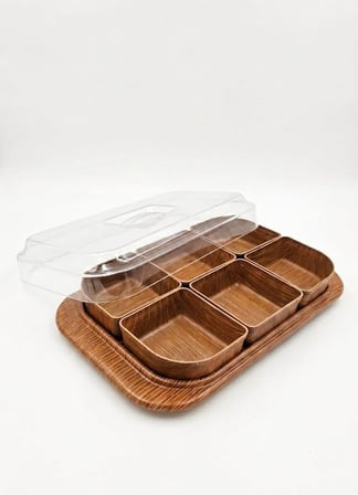 Ahşap Desenli Plastik Çerezlik, Sunum, Kahvaltı Tepsisi - 6 Bölmeli Kapaklı Kahvaltılık, Kuruyemiş ve Meyve Servis Tabağı, Piknik ve Davet İkramlığı, Şeffaf Kapaklı Sunumluk