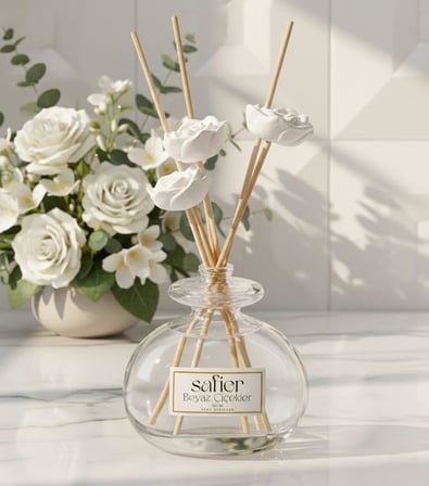 Beyaz Çiçekler Seramik Taş Çiçekli Çubuklu Oda Kokusu White Flowers 80 ml